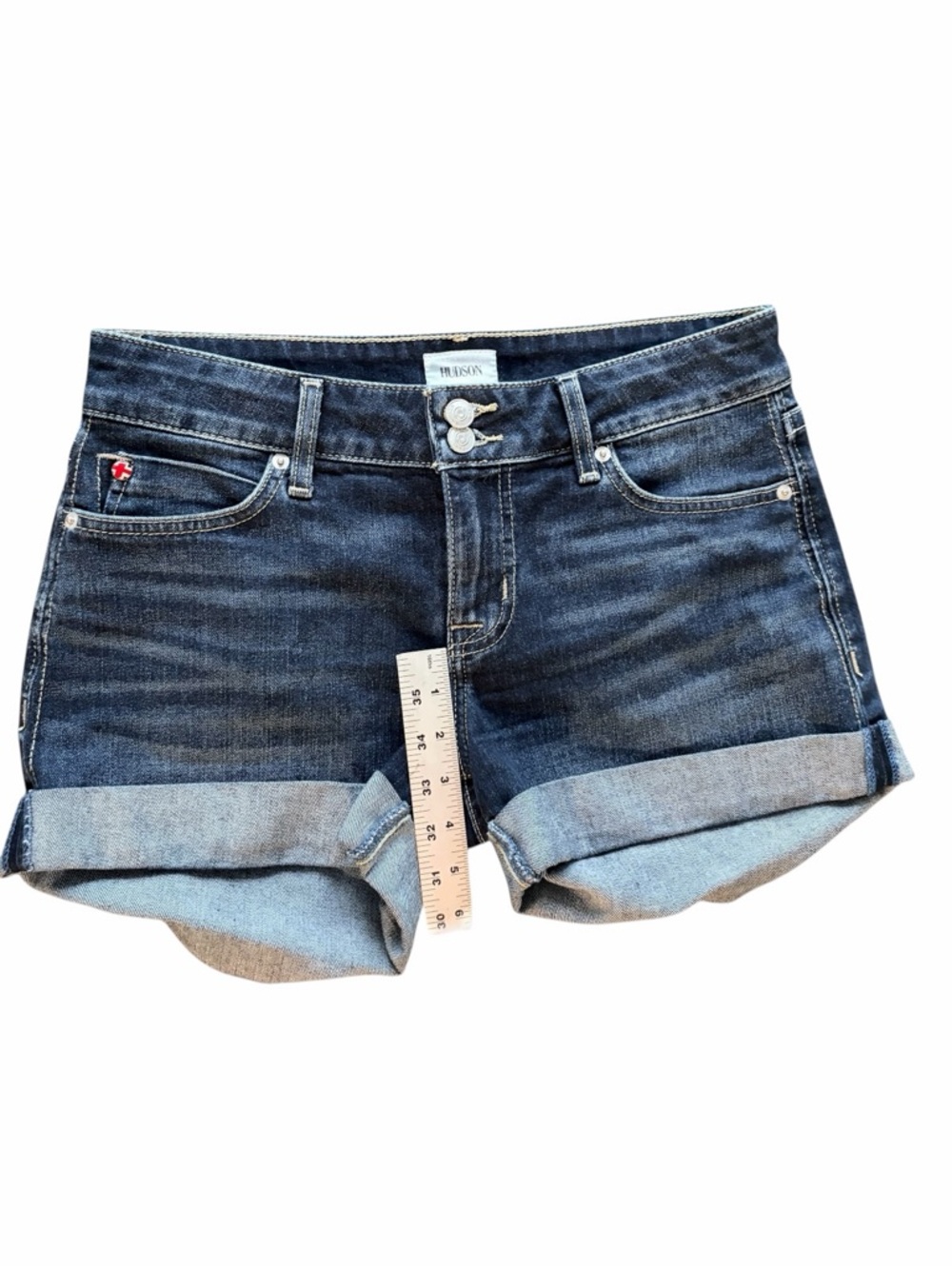 Hudson Denim Cuffed Shorts Flap Pocket Dark Wash Jean Shorts - Picture 4 of 10
